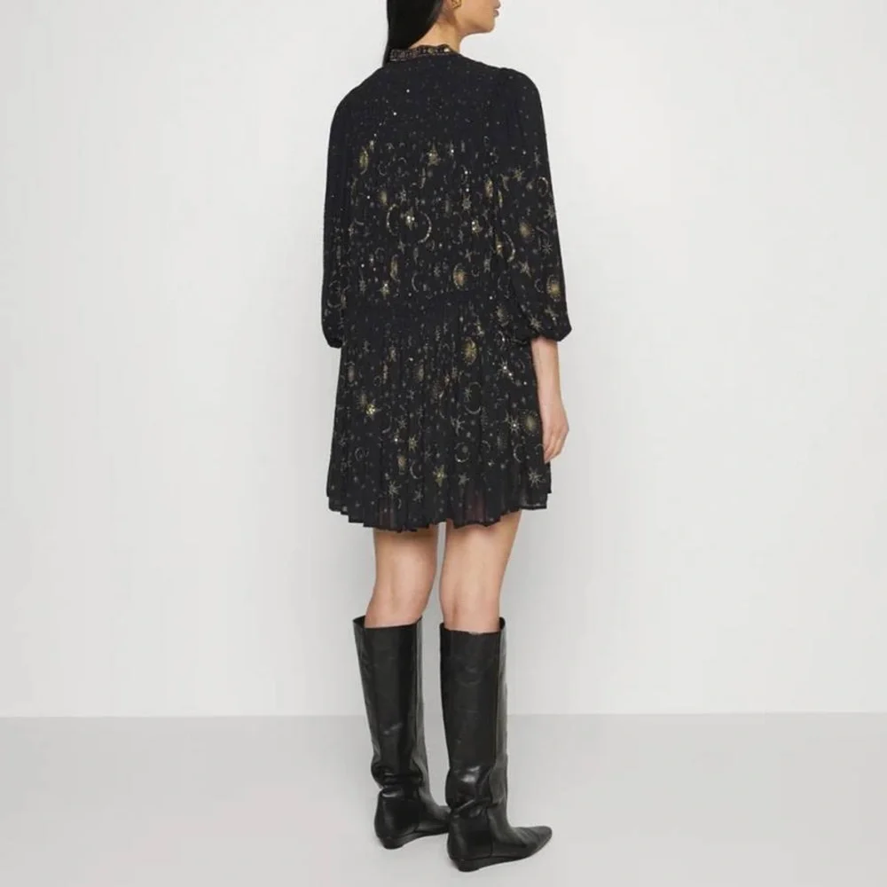 All Saints Black and Gold Smocked A-Line Dress - Picture 3 of 15
